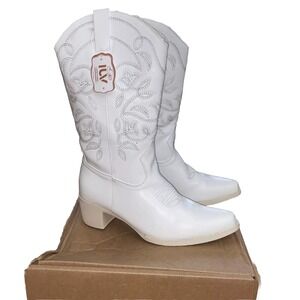 Luv Women's Western Cowgirl Boots White Size 8.5 Mid-Calf Embroidered Rodeo
